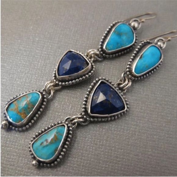 Jewelry - Blue Turquoise Dangle Earrings with Ornate Metalwork